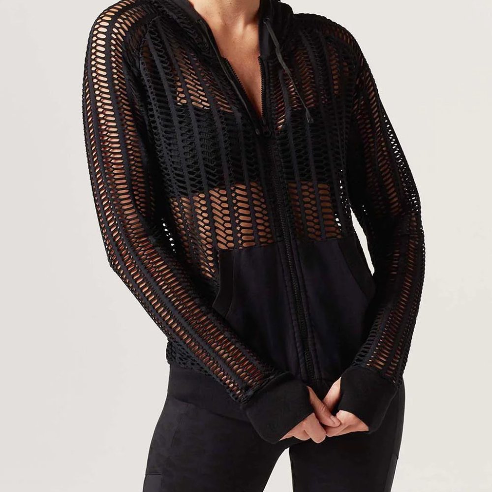 BLANC NOIR Linear Mesh Front Zip Hoodie Jacket in Black Women's Size XS NWT $119